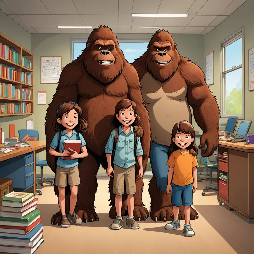 a group of children standing in front of a bigfoot in a library with a teacher and two children, furry art, a storybook illustration, Chris LaBrooy, promotional image