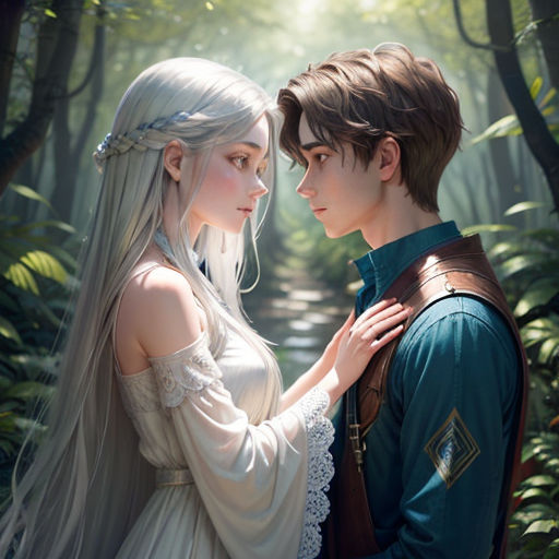 a couple of people standing in a forest next to each other with long hair and white hair and a white dress