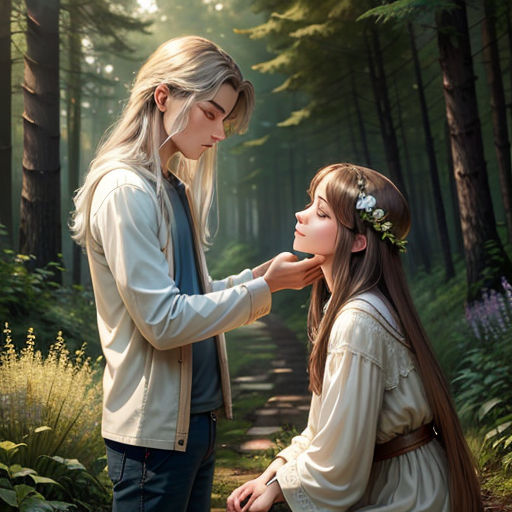 a woman is putting a flower on a man's ear in the woods with a forest path behind her