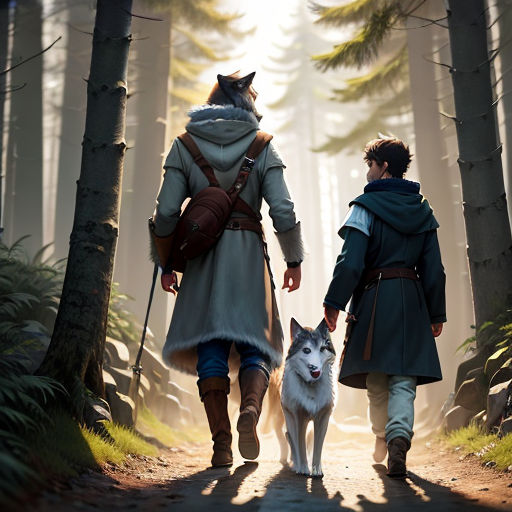 a man and a woman walking a dog in the woods together in the sunlight, with a wolf on the leash