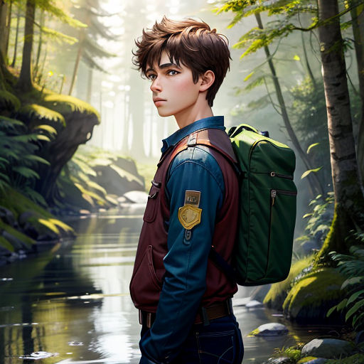 a boy with a backpack standing in a forest looking at the camera with a river running through it and trees in the background