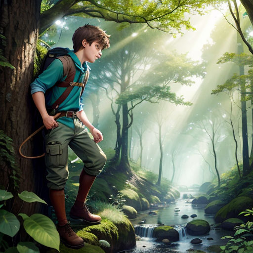 a boy is standing on a rock in the woods with a backpack and a bow in his hand and looking at a stream