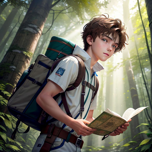 a boy with a backpack and a book in the woods looking at a map in his hands and holding a backpack