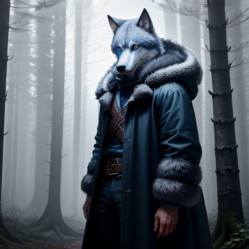 a man in a coat and a wolf mask in a forest with trees and fogs behind him,