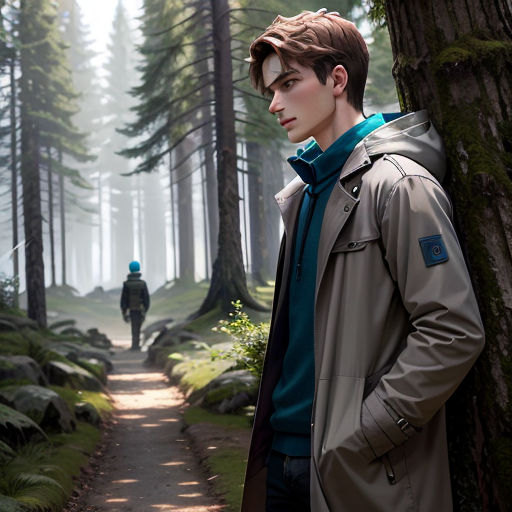 a man standing in the middle of a forest next to a tree trunk and a man in a blue shirt