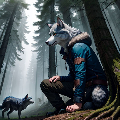 a man sitting on a tree stump next to a wolf in the woods with a wolf behind him and another wolf in the distance