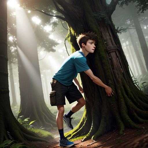 a boy is climbing up a tree in the woods with a backpack on his back and a backpack on his shoulder
