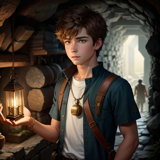 a boy holding a lantern in a cave with barrels of wine in the background and a man in a green shirt