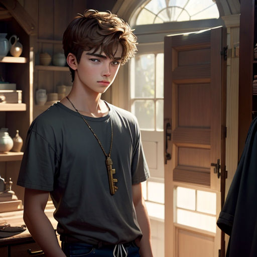 a boy standing in a room with a door open and a necklace on his neck and a door open