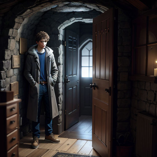 a man standing in a doorway of a house with a coat on and a coat on his head and a coat on his shoulders