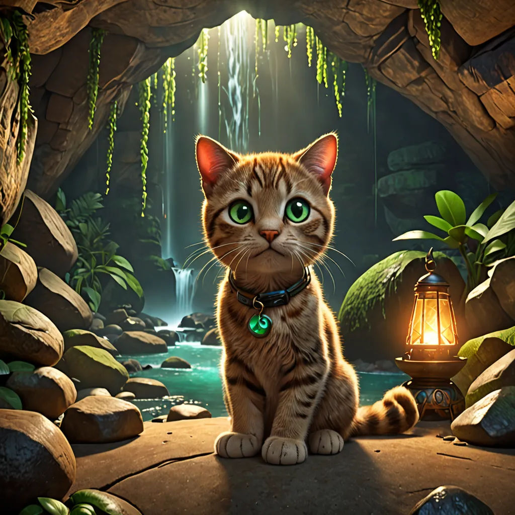 a cat sitting in a cave with a lantern on its chest and a waterfall in the background with green leaves, furry art, poster art, Chris LaBrooy, promotional image