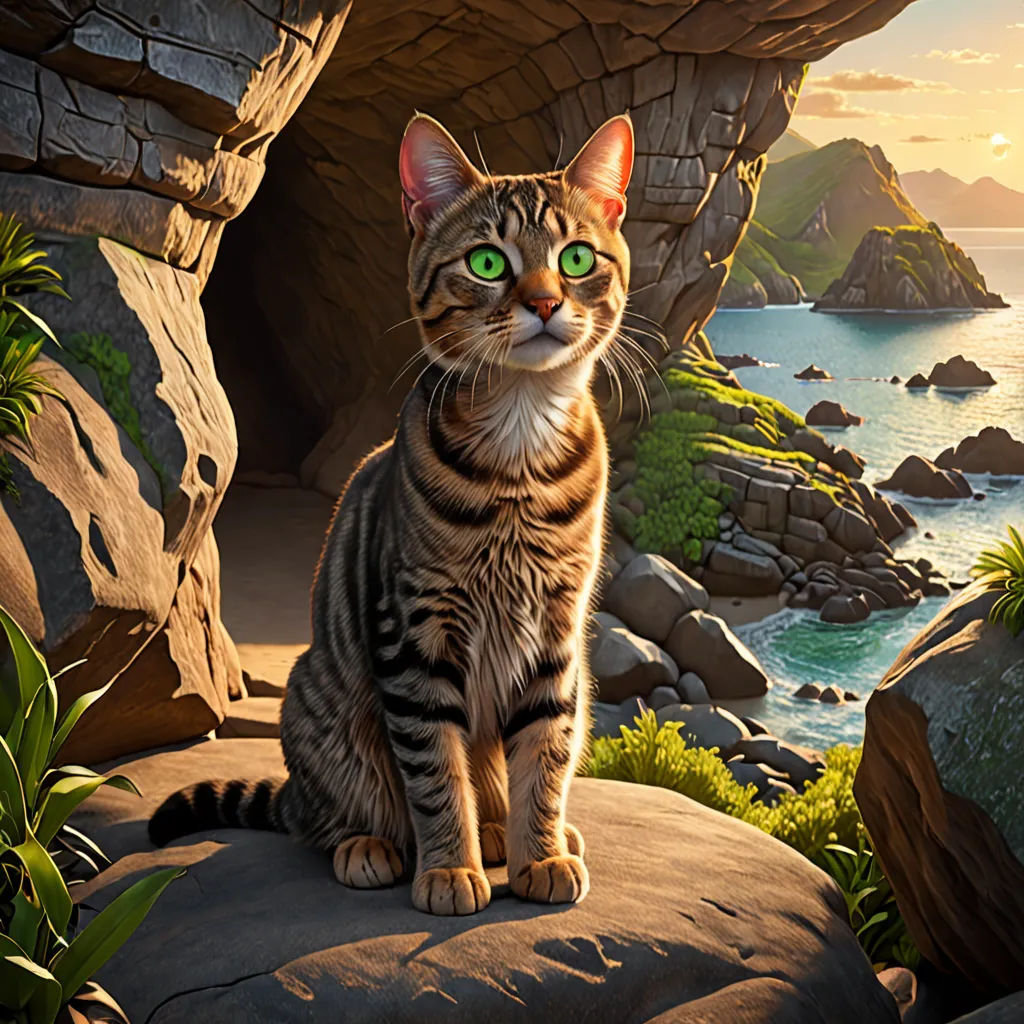 a cat sitting on a rock near a body of water and a cliff with a cave in the background, furry art, a detailed matte painting, Chris LaBrooy, official art