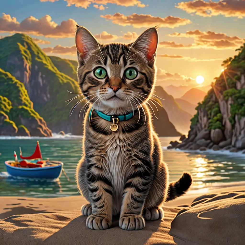 a cat sitting on a beach with a boat in the background and a sunset in the background with clouds, photorealism, a photorealistic painting, Chris LaBrooy, highly detailed digital painting