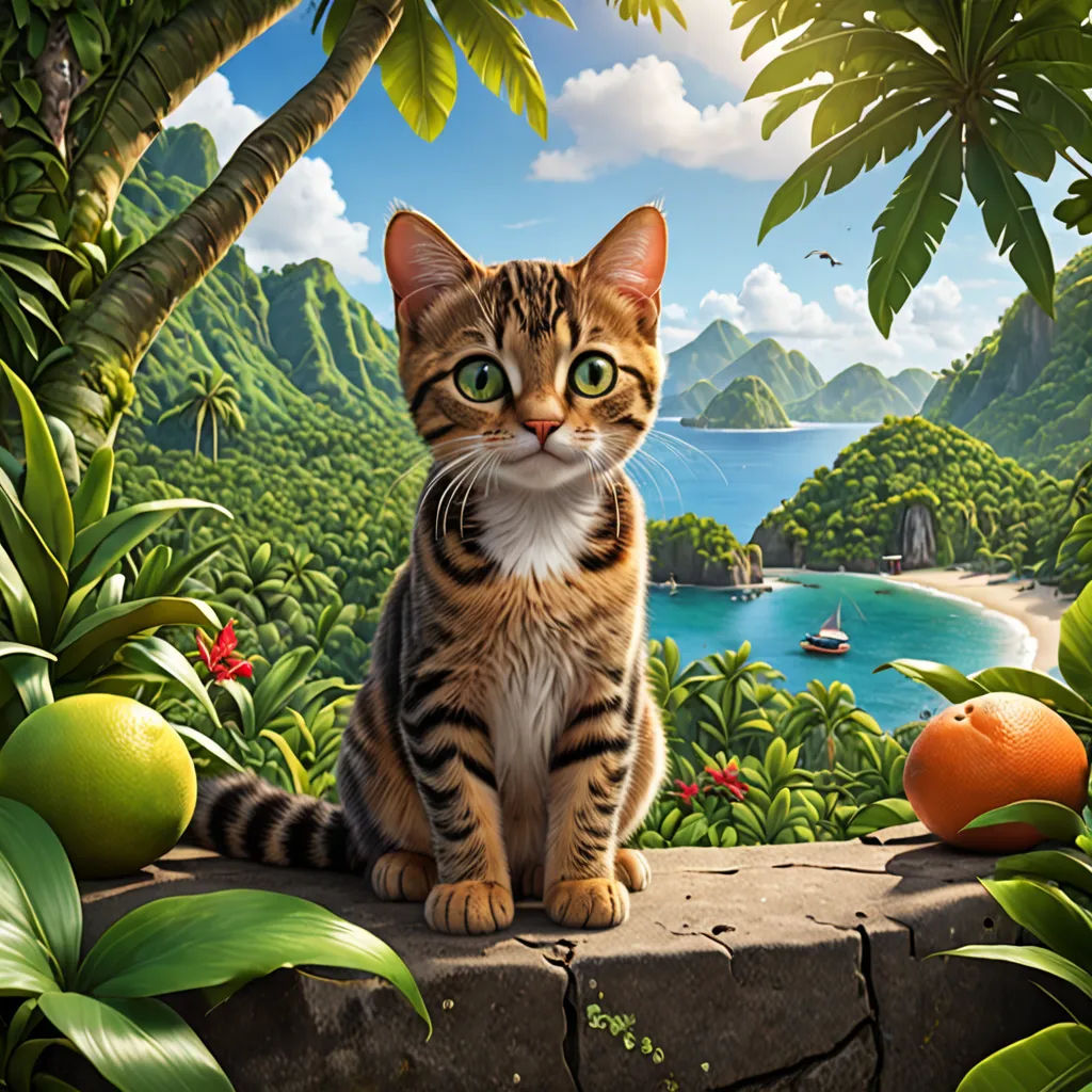 a cat sitting on a rock in a tropical forest with a view of a beach and a boat in the water, photorealism, a detailed matte painting, Chris LaBrooy, highly detailed digital painting