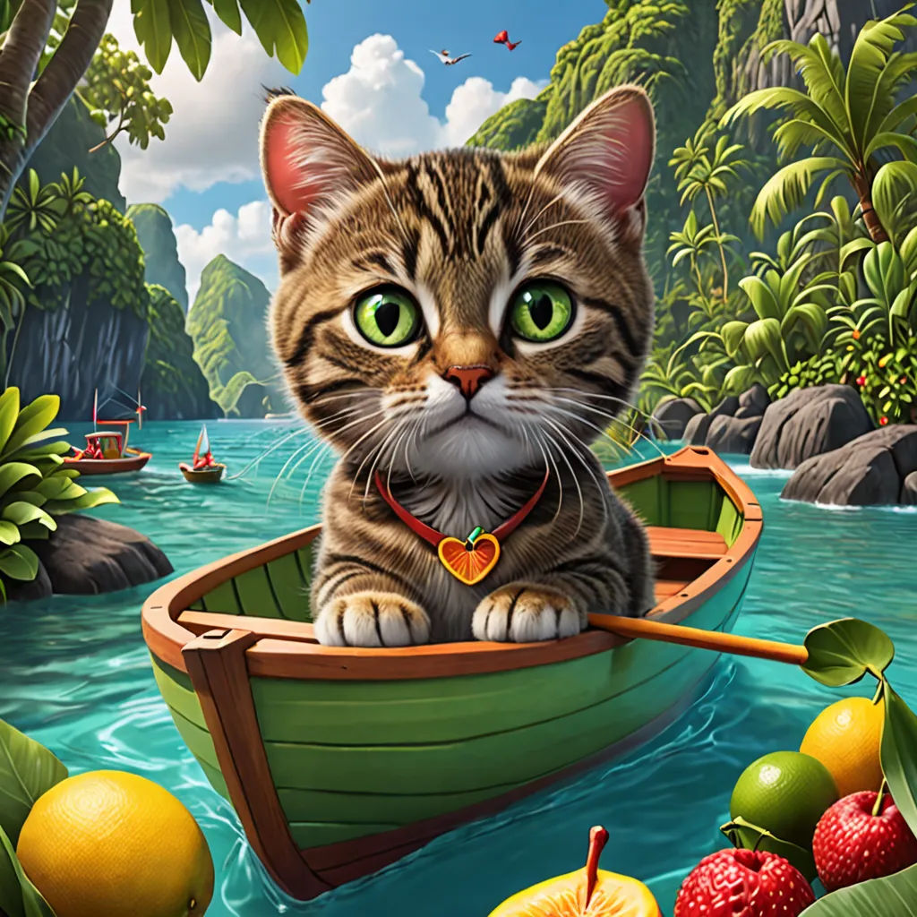 a cat sitting in a boat with fruit around it and a painting of a cat in the background of the painting, naive art, a detailed painting, Chris LaBrooy, highly detailed digital painting