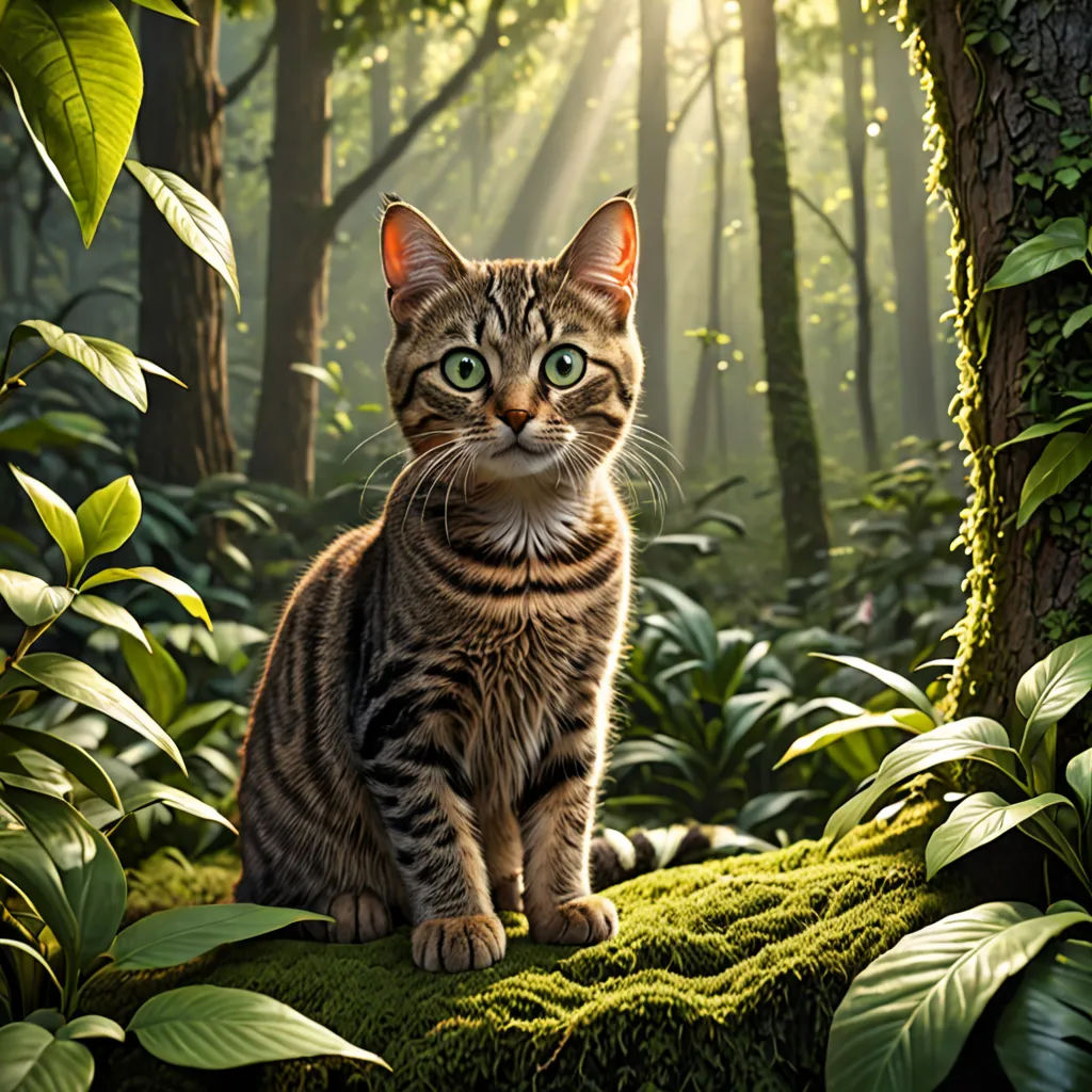 a cat sitting on a mossy surface in a forest with sunlight shining through the trees and leaves on the ground, photorealism, a detailed matte painting, Chris LaBrooy, promotional image