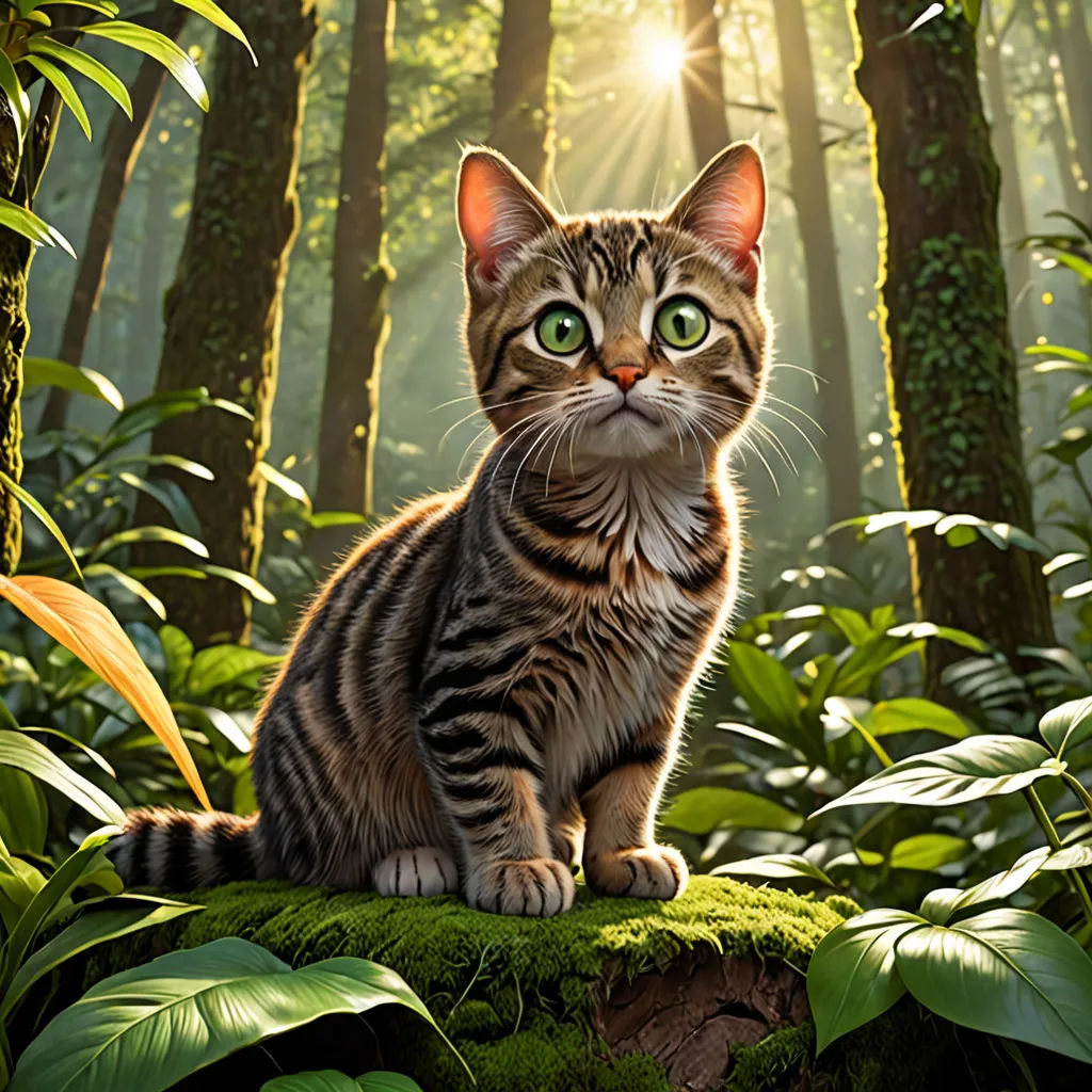 a cat sitting on a mossy rock in a forest with sunlight shining through the trees and leaves on the ground, sots art, a character portrait, Chris LaBrooy, official art