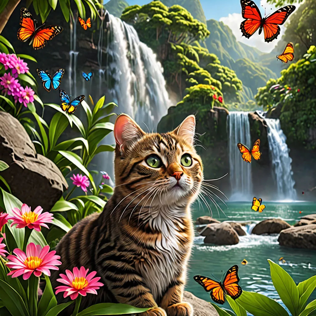 a cat sitting on a rock in front of a waterfall with butterflies flying around it and a waterfall in the background, magic realism, a detailed matte painting, Chris LaBrooy, highly detailed digital art