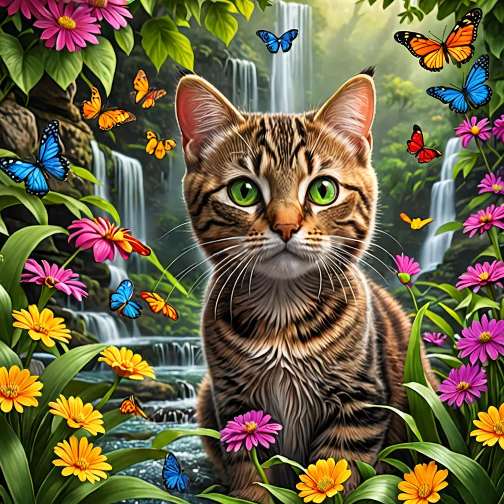 a cat sitting in a field of flowers and butterflies with a waterfall in the background and a butterfly in the foreground, magic realism, a storybook illustration, Android Jones, highly detailed digital painting