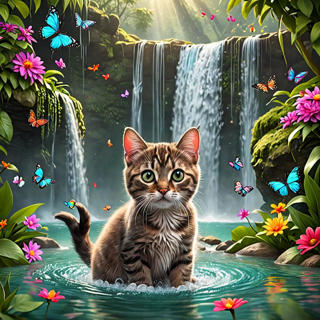 a cat sitting in a pond of water with a waterfall in the background and butterflies flying around it,, fantasy art, a storybook illustration, Chris LaBrooy, highly detailed digital painting