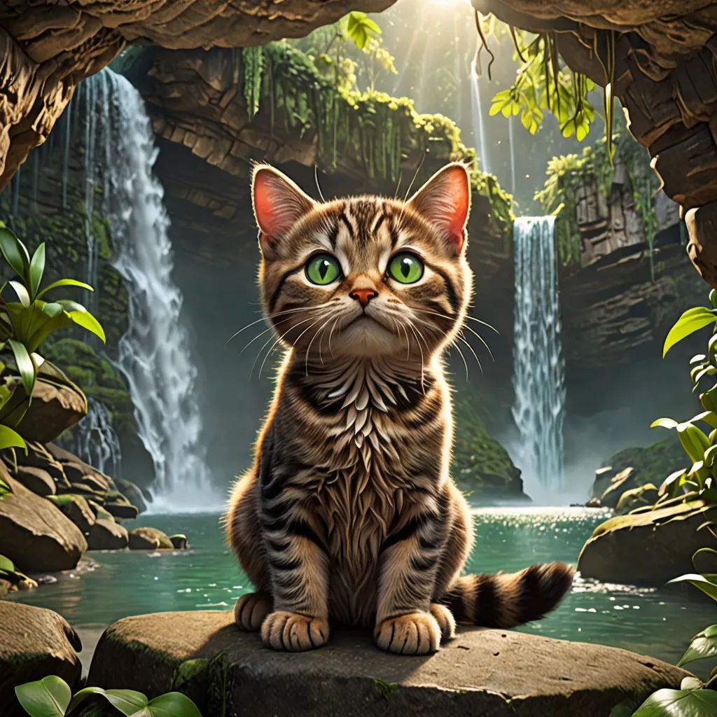 a cat sitting on a rock in front of a waterfall with a waterfall in the background and a green eyed cat looking up, fantasy art, a detailed matte painting, Chris LaBrooy, official art