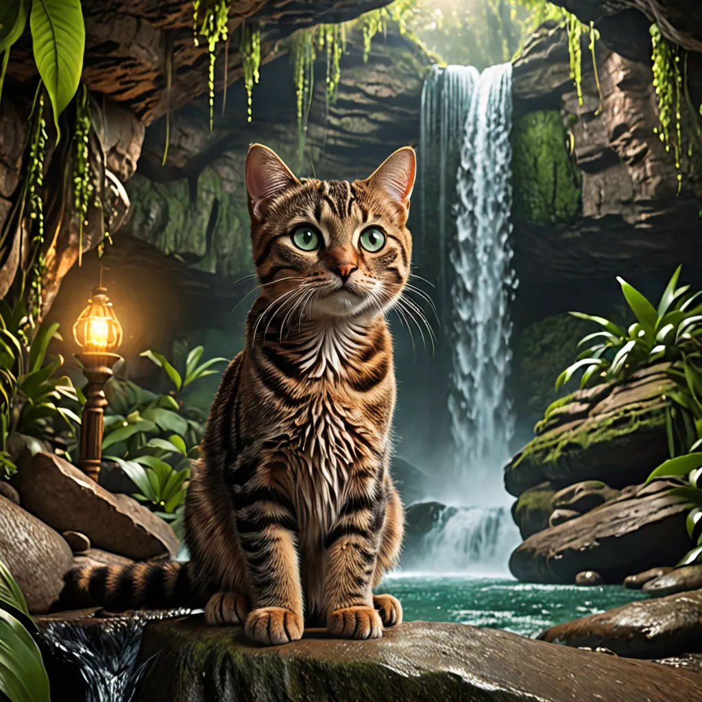a cat sitting on a rock in front of a waterfall with a light on it's head and a lantern in its paws, fantasy art, a detailed matte painting, Chris LaBrooy, highly detailed digital painting