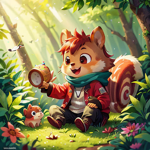 a cartoon squirrel holding a nut in a forest with other animals around it and a bird flying overhead in the sky
