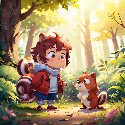a boy and a squirrel in a forest with sunlight coming through the trees and leaves on the ground and a squirrel on the ground