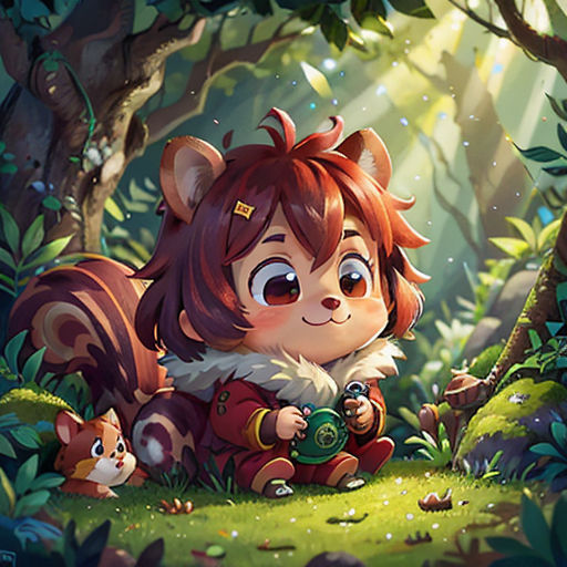 a cartoon character sitting in the woods with a squirrel and a squirrel on it's lap, with a squirrel on its lap