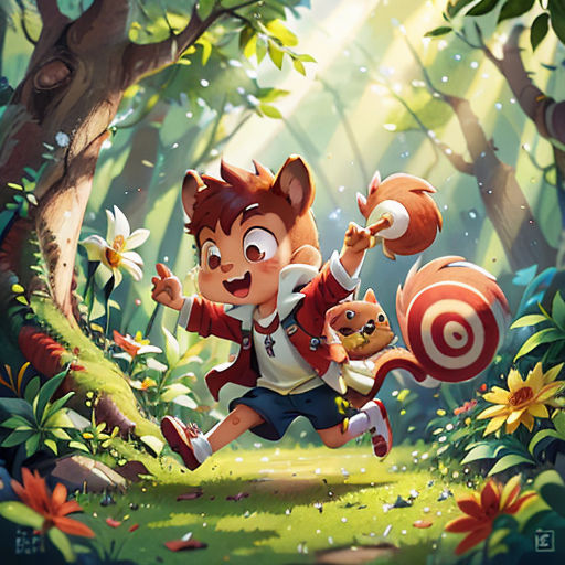 a cartoon squirrel running through a forest with a squirrel on his back and a squirrel on his arm,