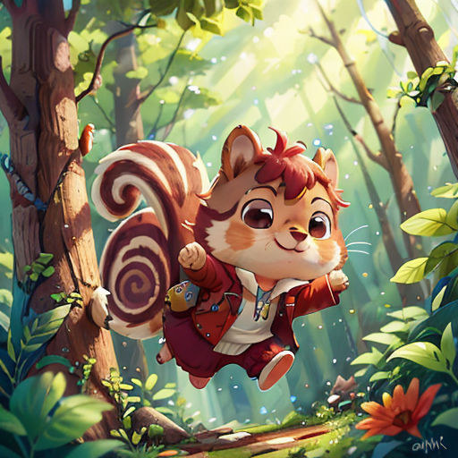 a squirrel is flying through the air in a forest with flowers and trees, and a squirrel is holding a squirrel's tail