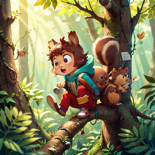 a boy is climbing a tree with a squirrel and squirrelling on his back in the forest with leaves