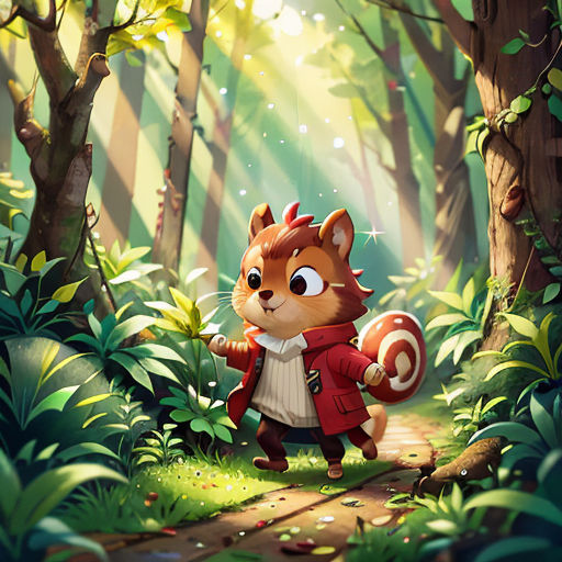 a cartoon character is walking through a forest with a squirrel on his back and a red jacket on his shoulders