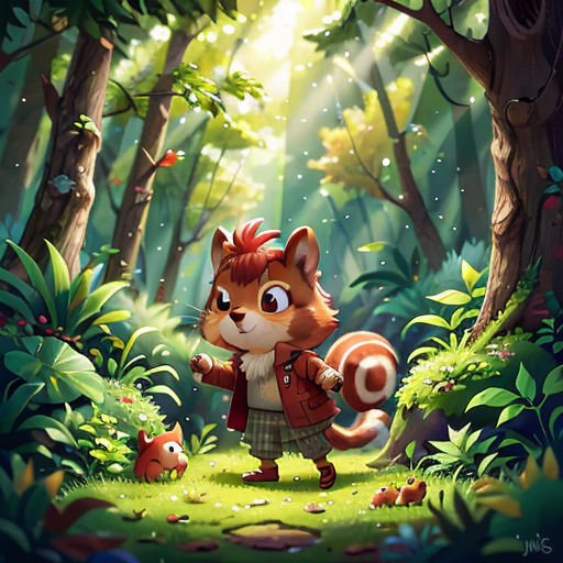 a fox in the forest with a squirrel in the foreground and a forest background with trees and grass