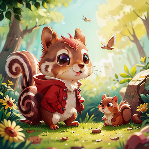 a squirrel and a squirrelling in a forest with a butterfly flying overhead by a tree and a bird