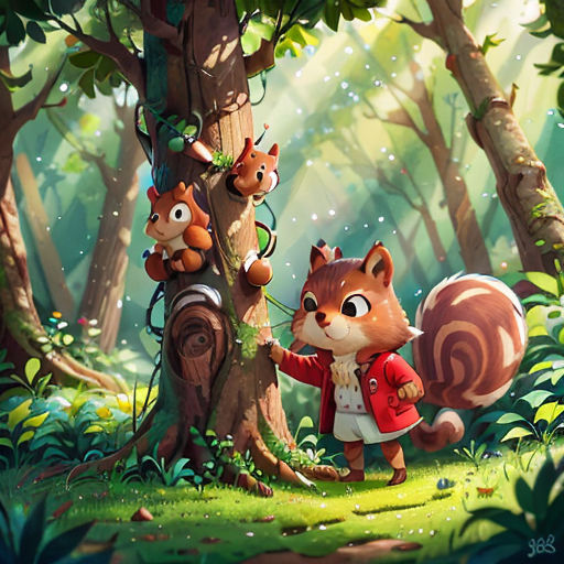 a squirrel and a squirrelling are standing in the woods near a tree with a squirrel on it's back