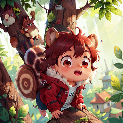 a girl in a red jacket standing on a tree branch with a bunch of stuffed animals in the background