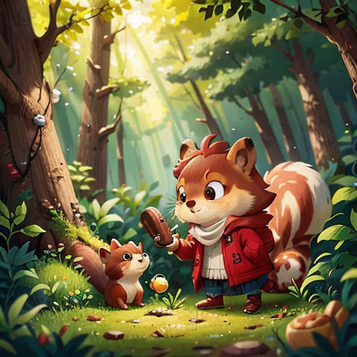 a little boy standing in the forest with a squirrel and a squirrelling in front of him, with a forest background
