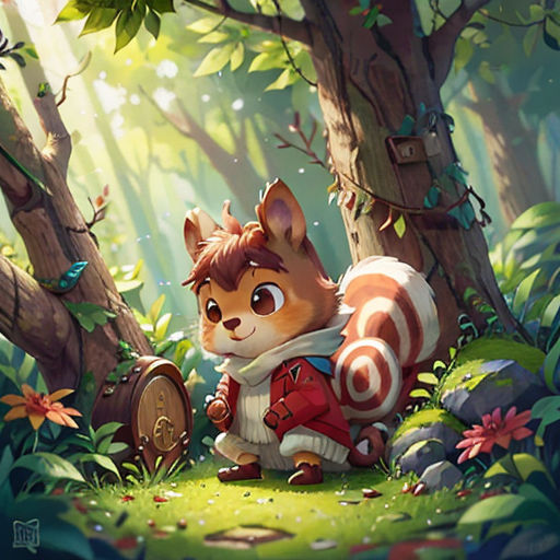 a cartoon squirrel in the woods with a shield on its back and a shield on its back, with a shield on its back