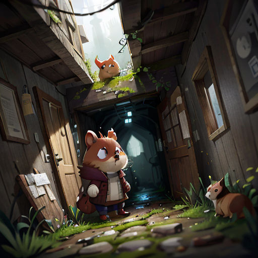 a cartoon of a fox and a fox cub in a house with a squirrel on the door way and a squirrel on the ground