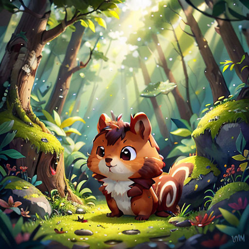 a cartoon squirrel sitting in the middle of a forest with sunlight coming through the trees and leaves on the ground