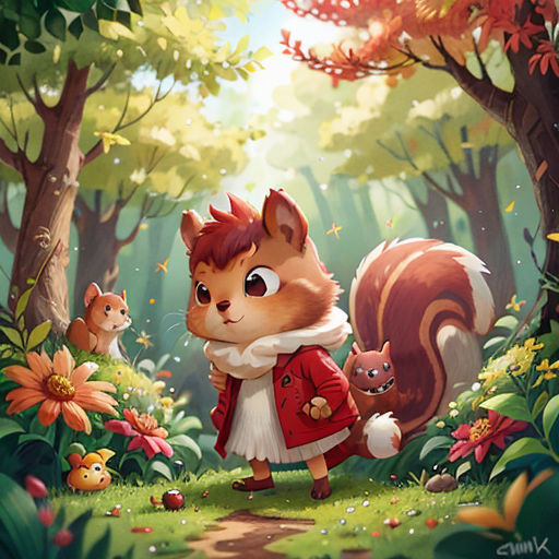 a squirrel and a squirrelling in a forest with flowers and trees, and a path leading to a forest with flowers and trees