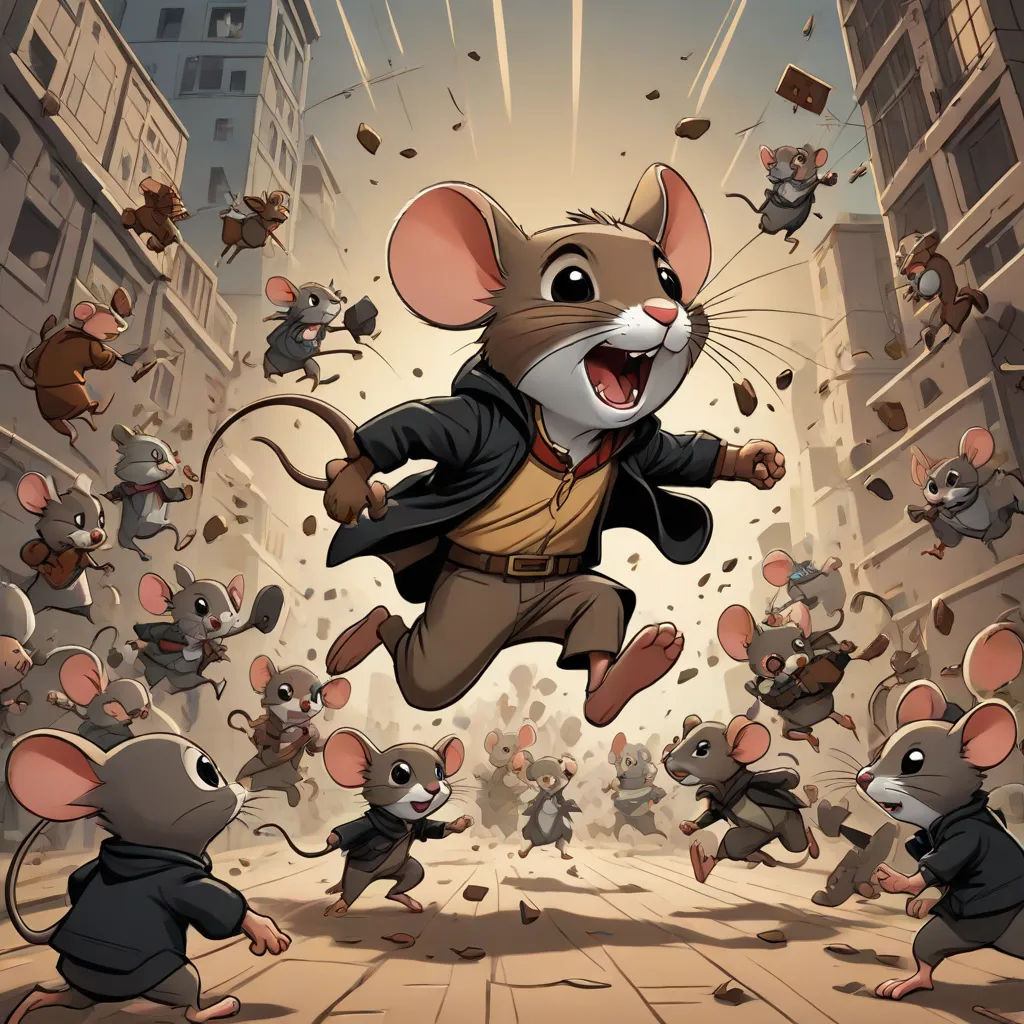 a cartoon of a mouse in a suit running away from a group of mice in a city street with buildings, comic cover art, sots art, a comic book panel, Dan Mumford