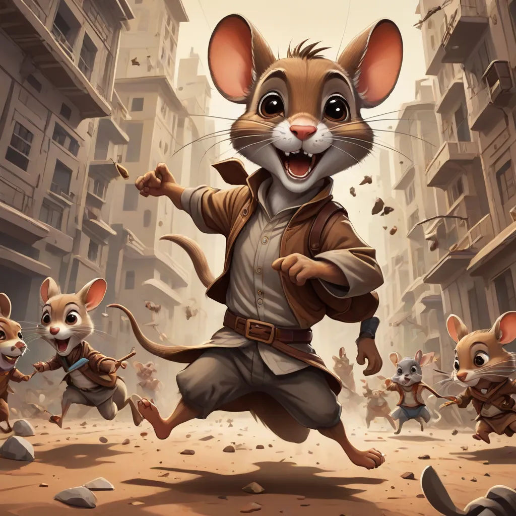 a cartoon mouse running through a city with other mice around him and a man in a brown jacket and tan pants, trending on art station, furry art, concept art, Clint Cearley