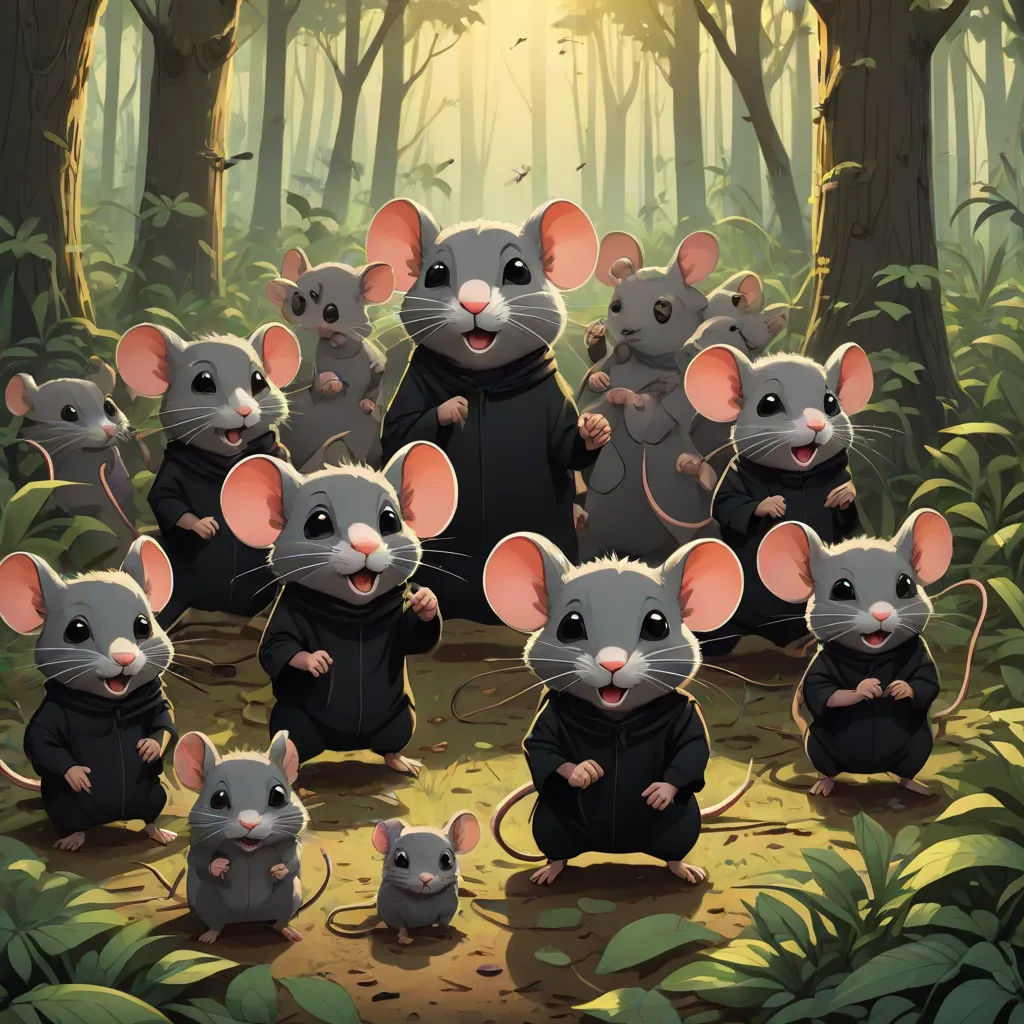 a group of mice standing in a forest with a man in a black suit and a group of mice in front of them, official art, furry art, a stock photo, Brothers Hildebrandt