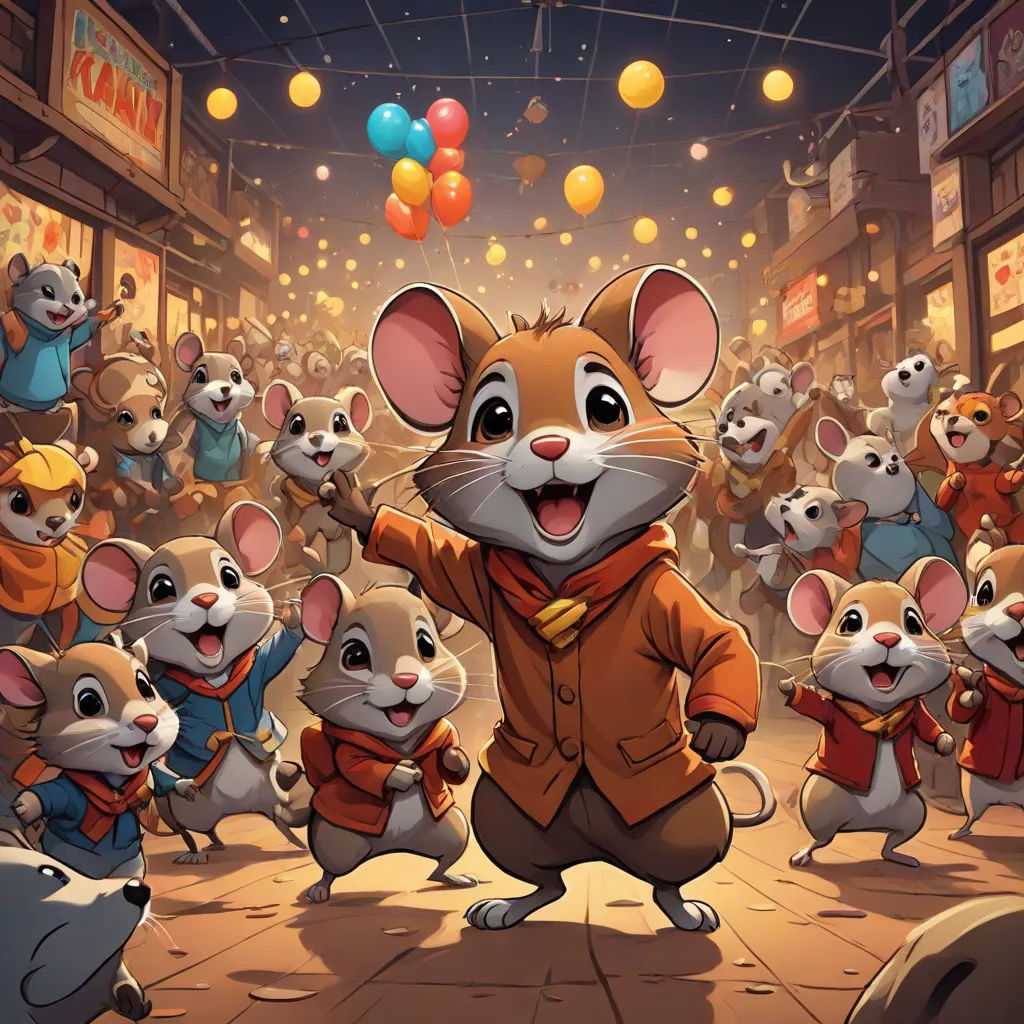 a group of mice are dancing in a crowded street with balloons in the background and a man in a suit is standing in front of them, official art, furry art, a storybook illustration, Dan Mumford