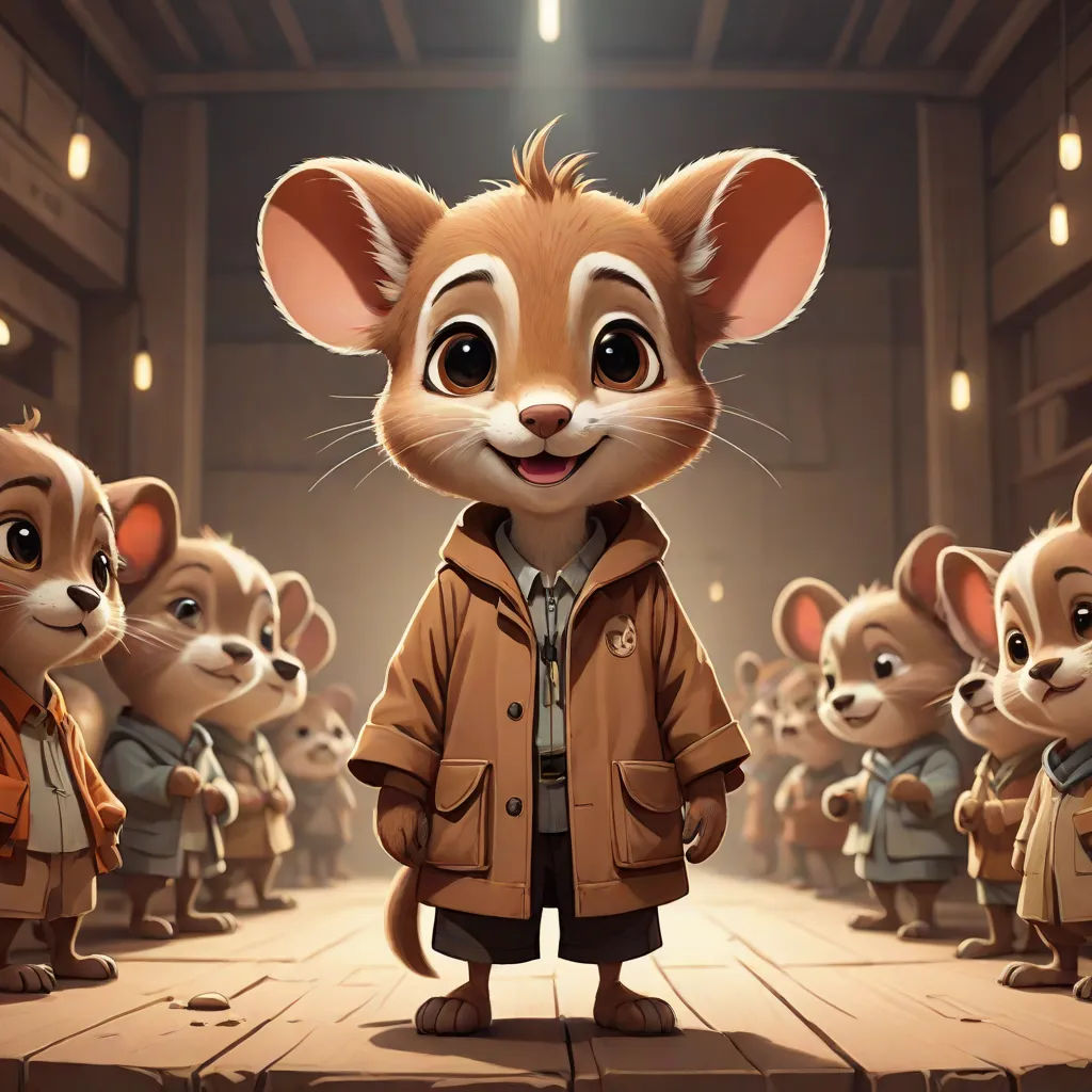 a cartoon mouse standing in front of a group of mice in a room with lights on and a person in the background, official art, furry art, poster art, Don Bluth