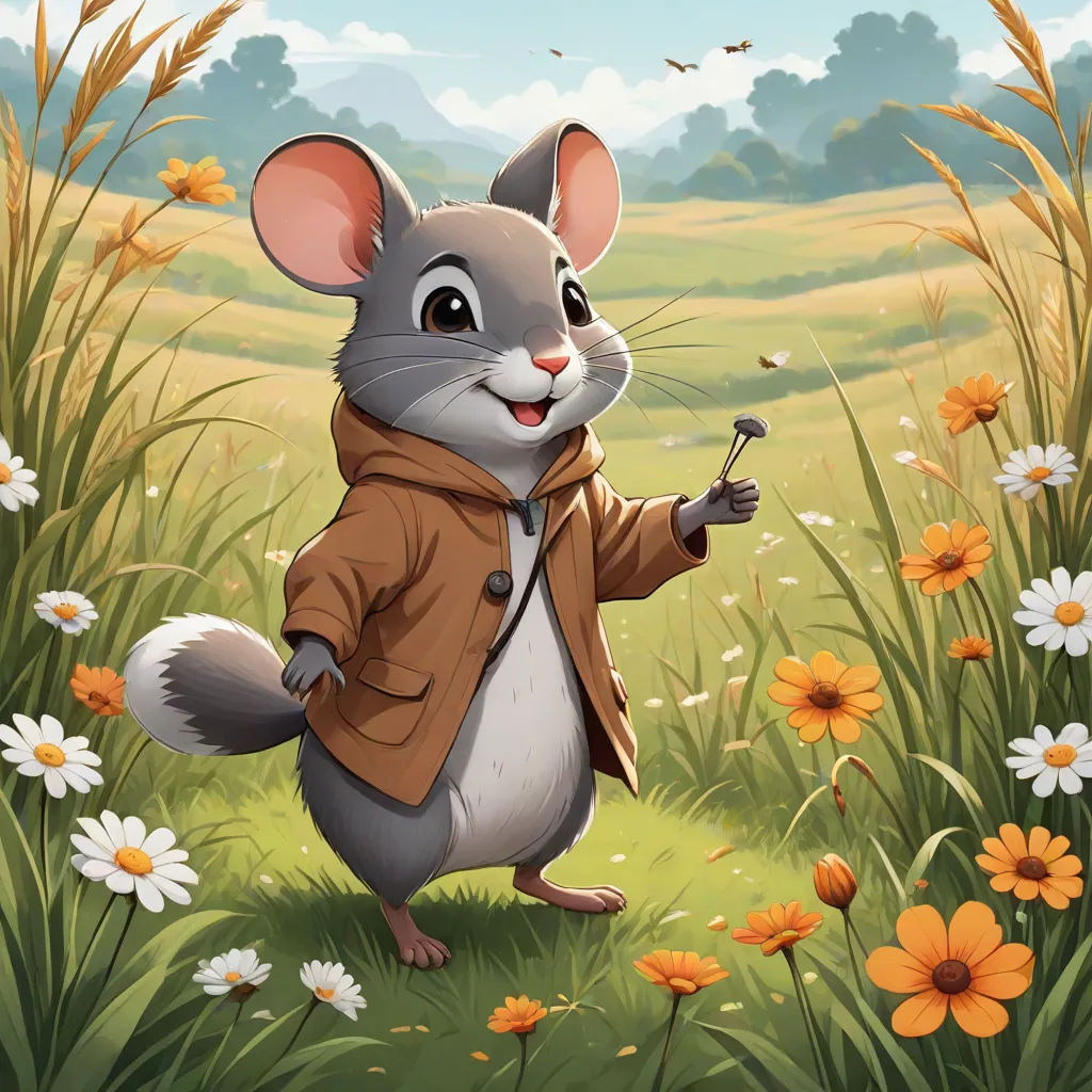 a mouse in a field of flowers with a jacket on and a stick in his hand, with a bee flying in the air, magic the gathering artwork, furry art, a character portrait, Chris LaBrooy