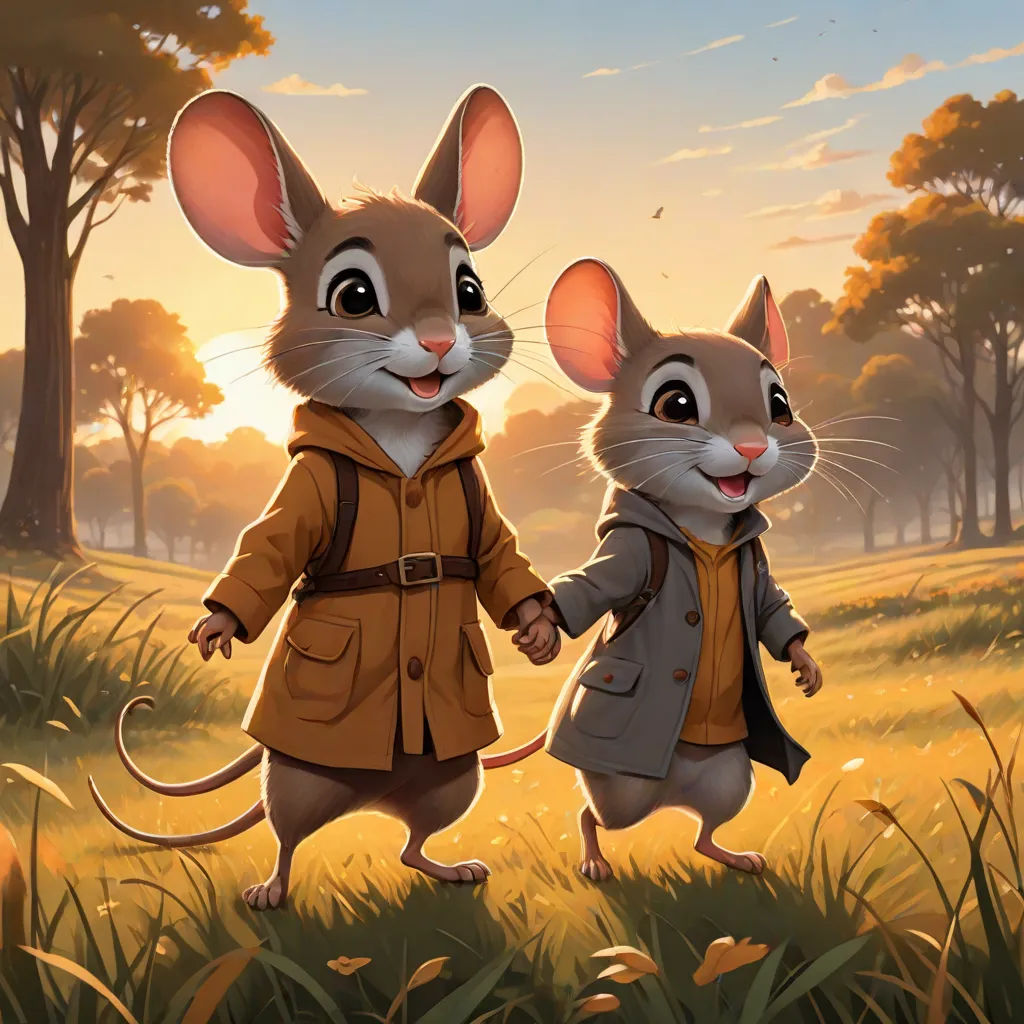 a couple of mice walking across a field holding hands in front of a sunset background with trees and grass, official art, furry art, concept art, Brothers Hildebrandt