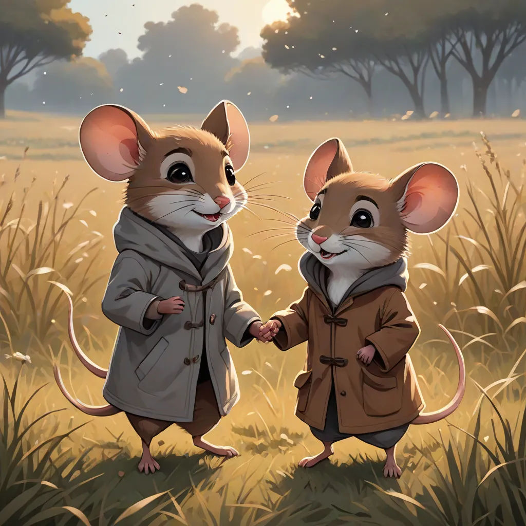 two mice are shaking hands in a field of grass and trees, with a sun in the background and a field of grass and trees, official art, furry art, a painting, Aaron Jasinski